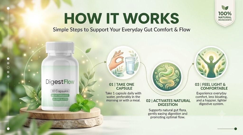How DigestFlow works: take one capsule, activates natural digestion, feel light and comfortable